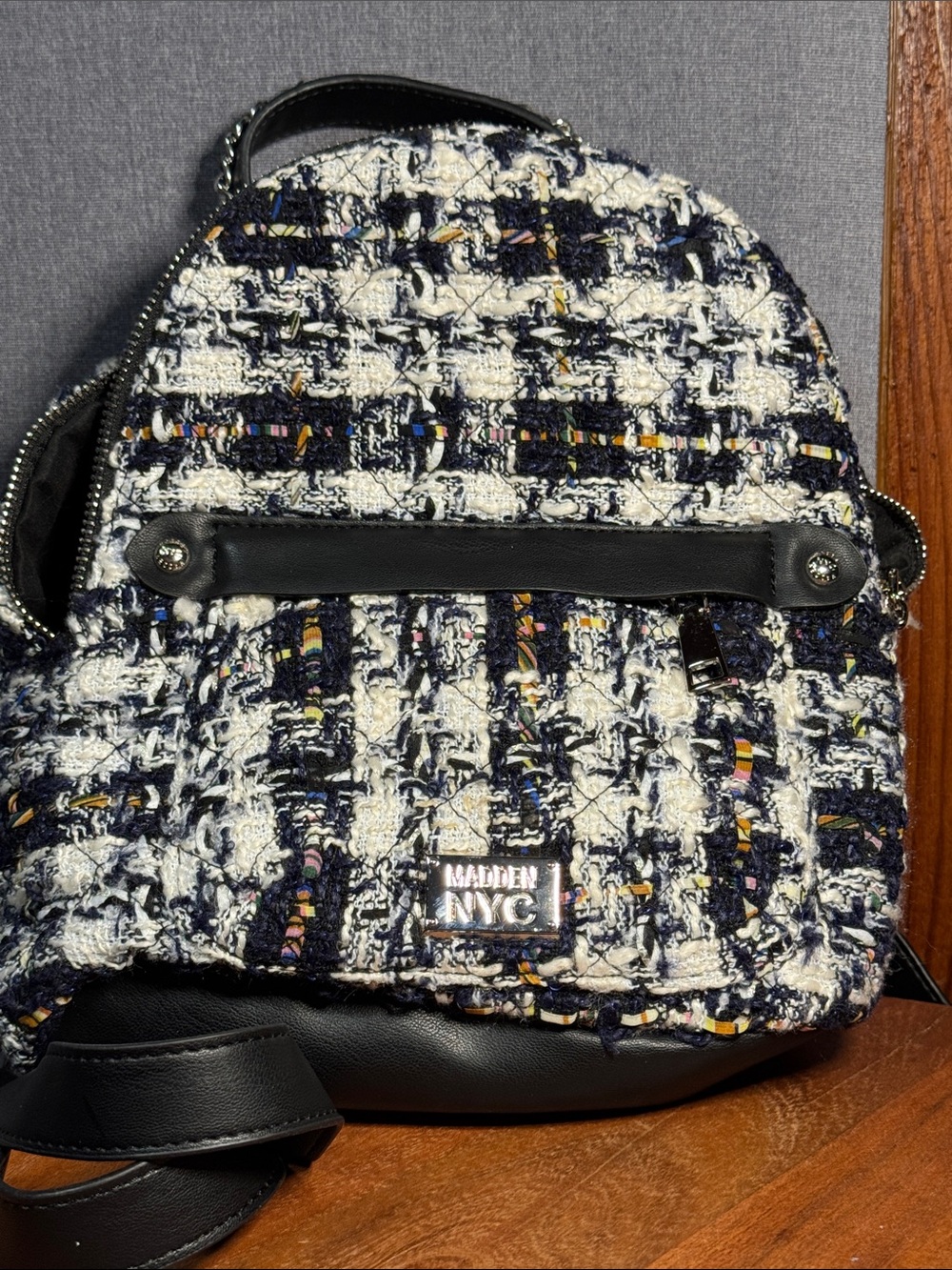 Madden NYC Tweed Mini Backpack - White & Navy